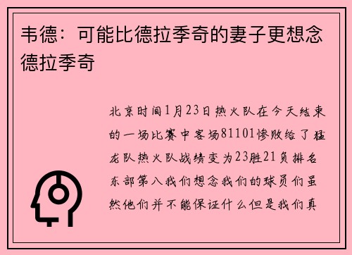 韦德：可能比德拉季奇的妻子更想念德拉季奇